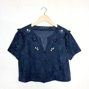 Zara Navy Faux Suede Gem Art Deco Blouse